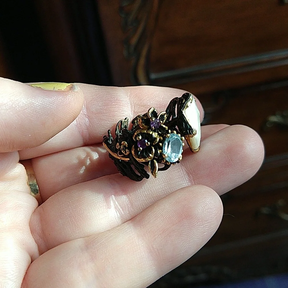 14k gold dipped 925 sterling silver oxidized coin pearl amethyst blue topaz ring - Picture 7 of 13